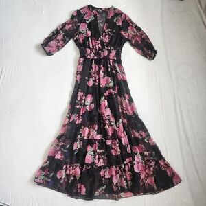 Black Floral Tiered Maxi Dress Womens Size S Smocked Waist V Neck Ruffles